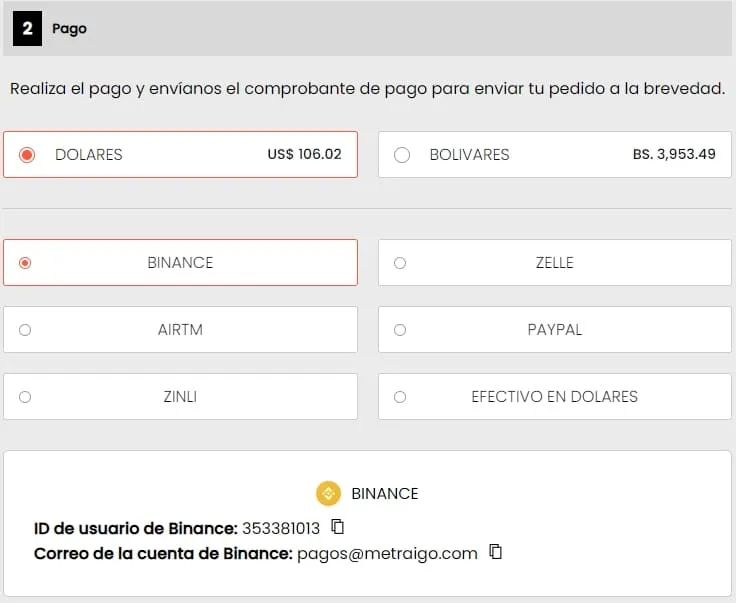 Datos para realizar el pago de tu compra de Amazon en Metraigo.com con Binance Pay