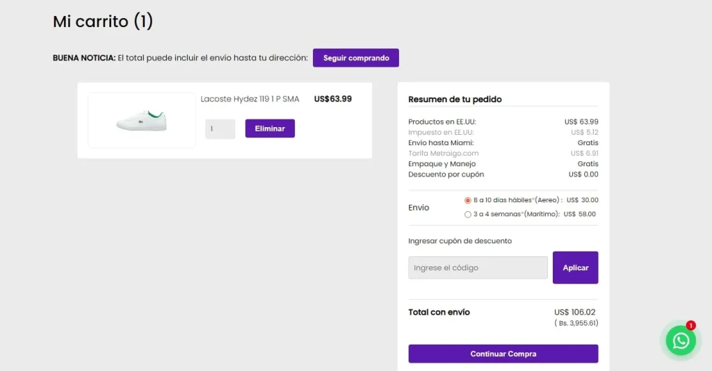 La sección de "carrito" de metraigo.com, donde se puede ver detalle de todos los productos